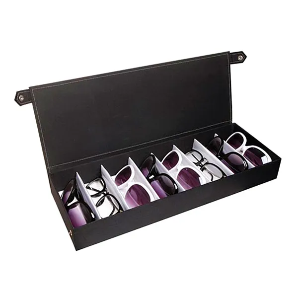 8 Slots Sunglass Case Large PU Leather Sunglass Storage Box with Metal Buttons Closing