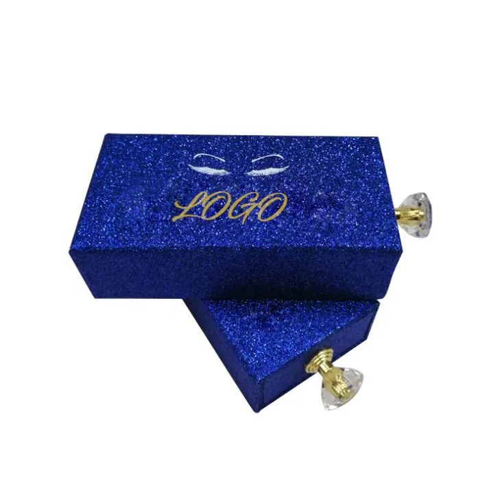 Blue Glitter  luxury eyelashes drawer  box packaging with golden handle