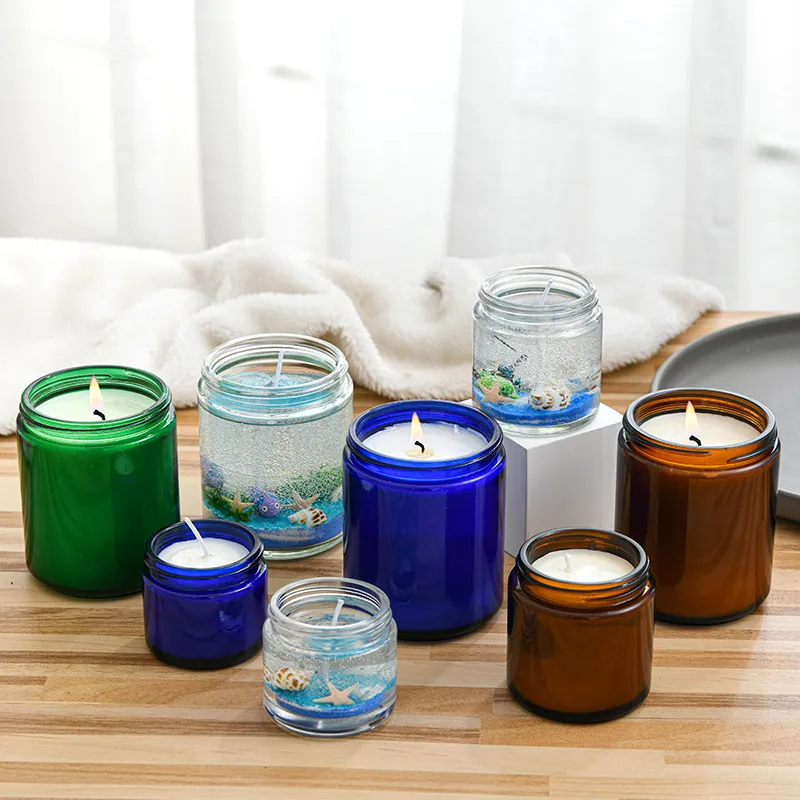 Blue Transparent Brown Green Aromatherapy Candle Cup Wholesale Fragrance Candle Jar with Lid Colored Candle Glass Candlestick