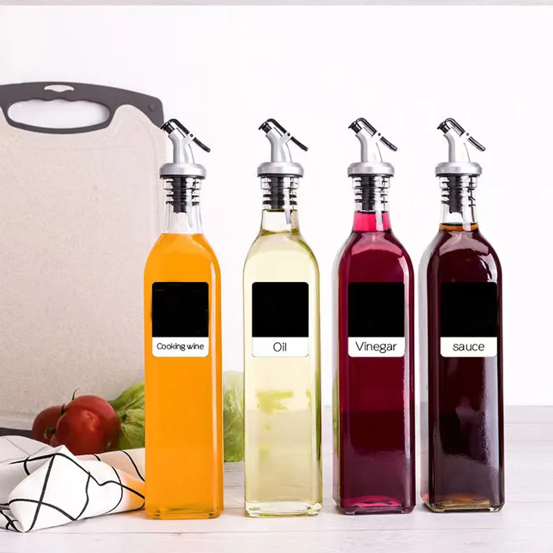 Bulk 500ml Clear Square Vinegar Olive Oil Dispenser Glass Bottle with Pour Spout