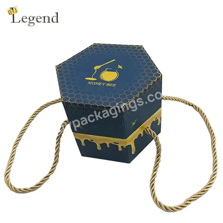 Chinese Factory Custom Logo Printing Honey Bottle Honey Boxes Rope Handle Luxury Hexagon Box Packaging