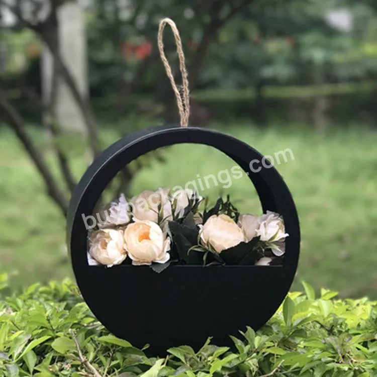 Custom Cylinder Florist Portable Box Black Round Flower Rose Packaging Box With Hanging For Wedding