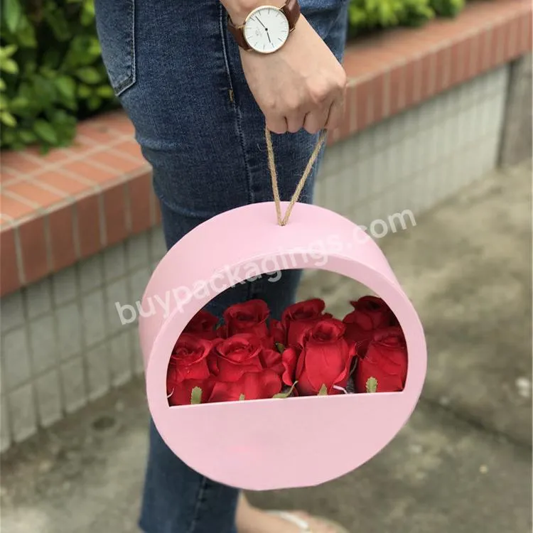 Custom Cylinder Florist Portable Box Black Round Flower Rose Packaging Box With Hanging For Wedding