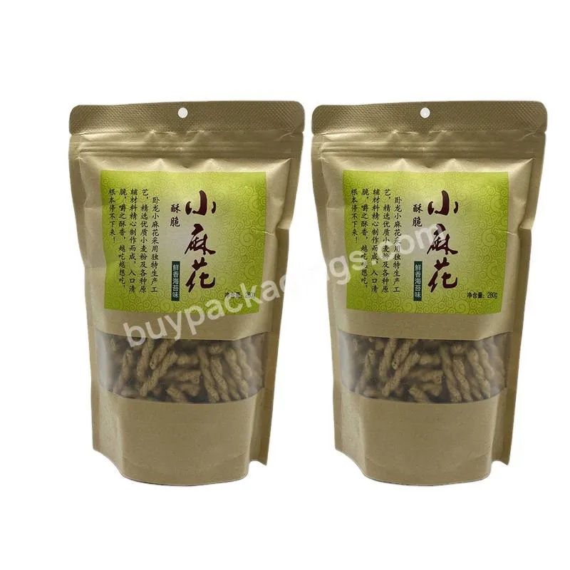 Custom Food Kraft Paper Packaging Bag Stand Up Package Self Closing Nuts Spice Tea Package With Hanging Hole/clear Window - Buy Fried Dough Twist Snacks Paper Retail Package Pouch Bag,Food Packaging Paper Bags With Window,Plastic Dried Fruit Package Bag.