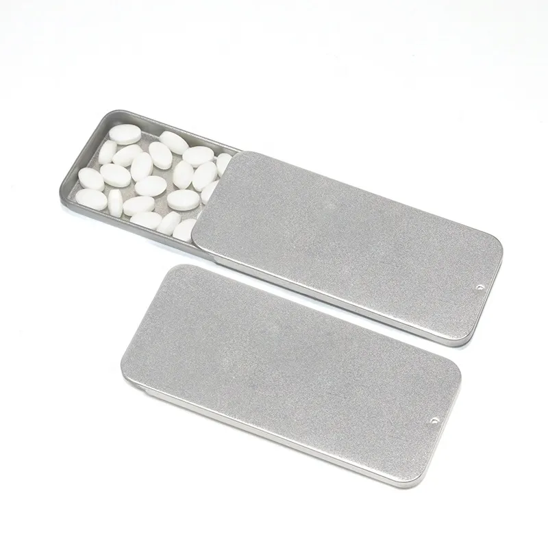 Custom Logo Flat Top Small Eyebrow Cream Metal Sliding Tin Box Mini Rectangle Containers For Pill Chewing Gum Hairpin