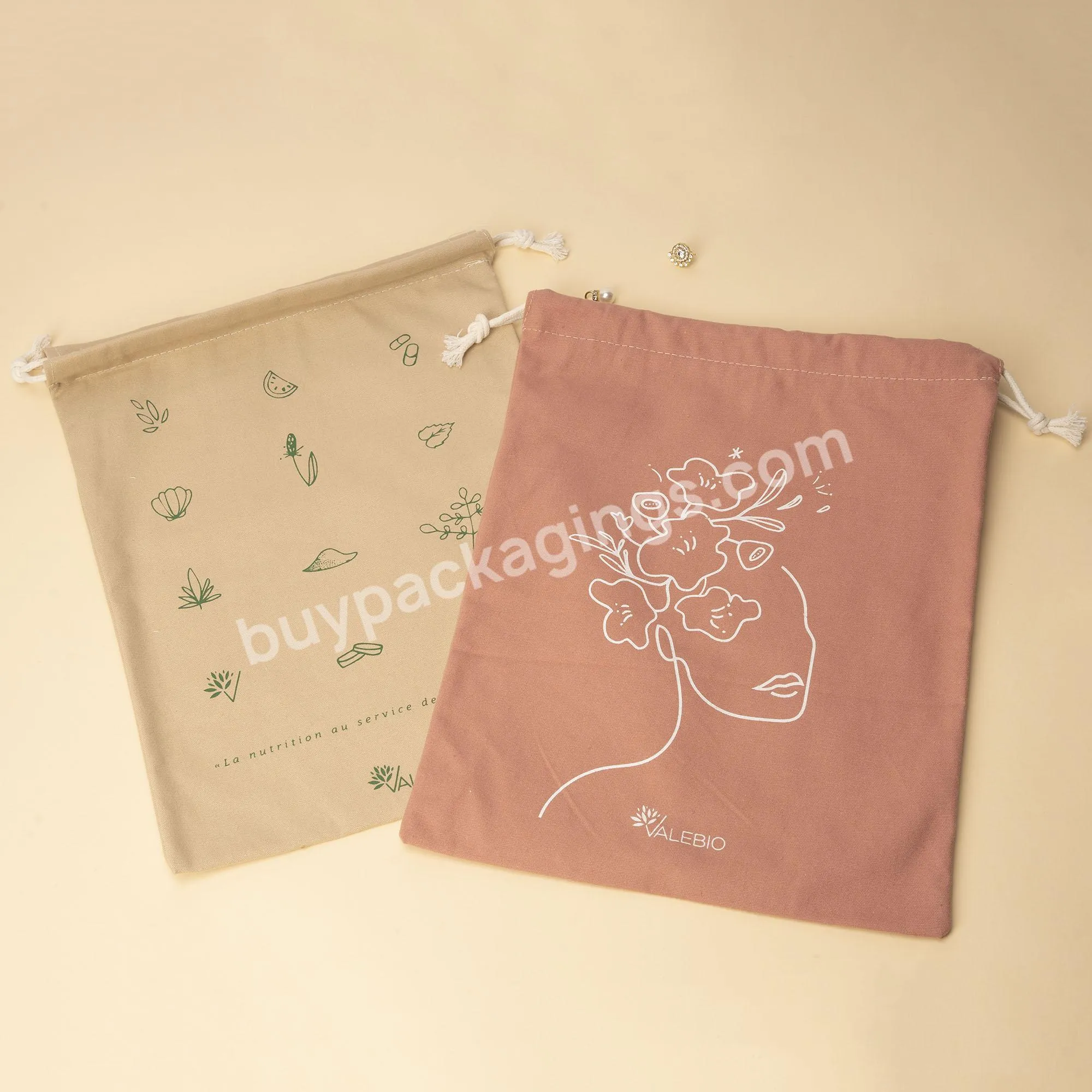Custom Logo Print Cotton Burlap Jewelry Pouches Wedding Favor Bag Nature Drawstring Gift Bags