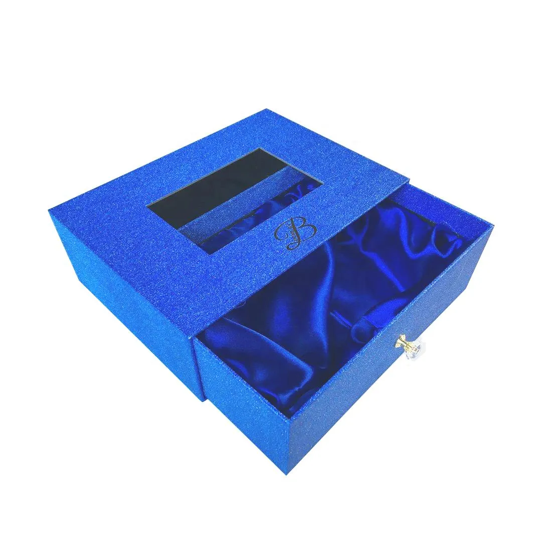 Custom Printed Blue Glitter Gift Cardboard Paper Boxes for Wig Hair Extension Packaging