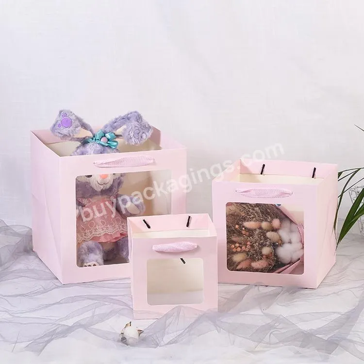 Custom Sacolas De Papel Personalizada Pink Square Paper Bags Manufactures With Window