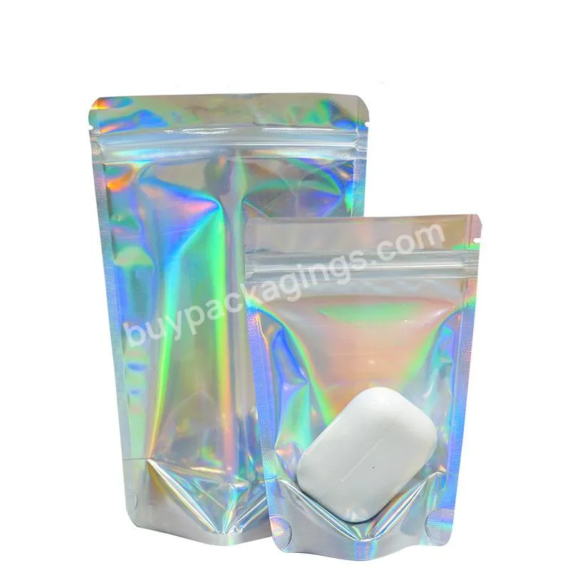 Custom Stand Up Pouch Shiny Laser Film Holographic Mylar Make Up Bag For Packaging