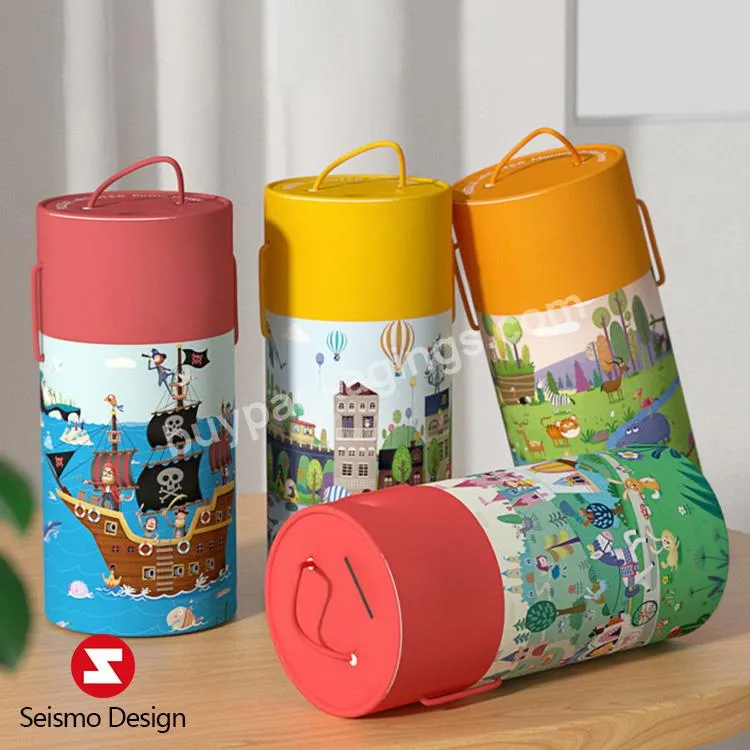 Customized Logo Cylinder Packaging Box Round Shaped Cardboard Paper Tube For Children Toy With Rope Handle