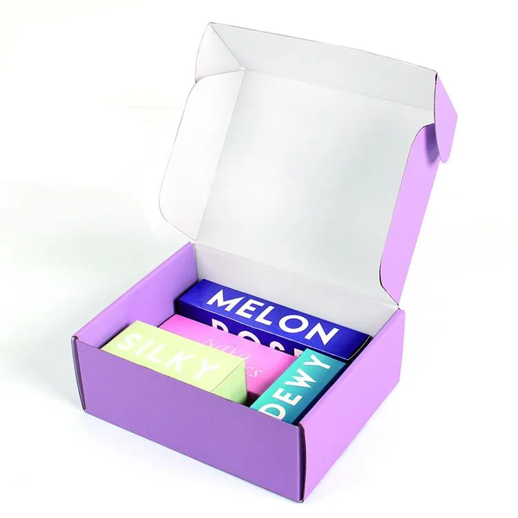 Customized purple colored cosmetic skincare corrugated carton mailer shipping box LOGO holographic