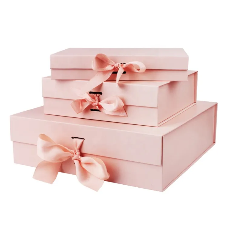 Foldable Pink Boxes Transparent Cardboard Paper Wedding Gift Box Packaging With Ribbon