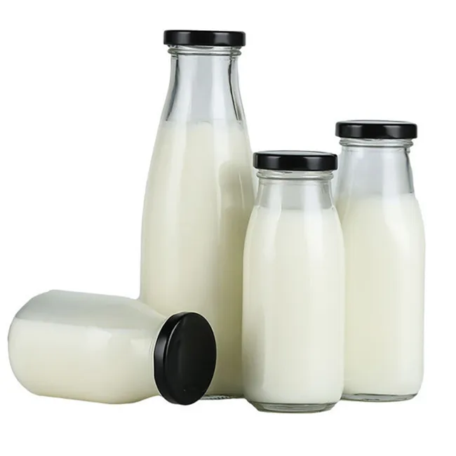 Free Samples 200ml 250ml 500ml 1000ml Beverage Juice Bottle Glass Milk Bottle With Metal Lids