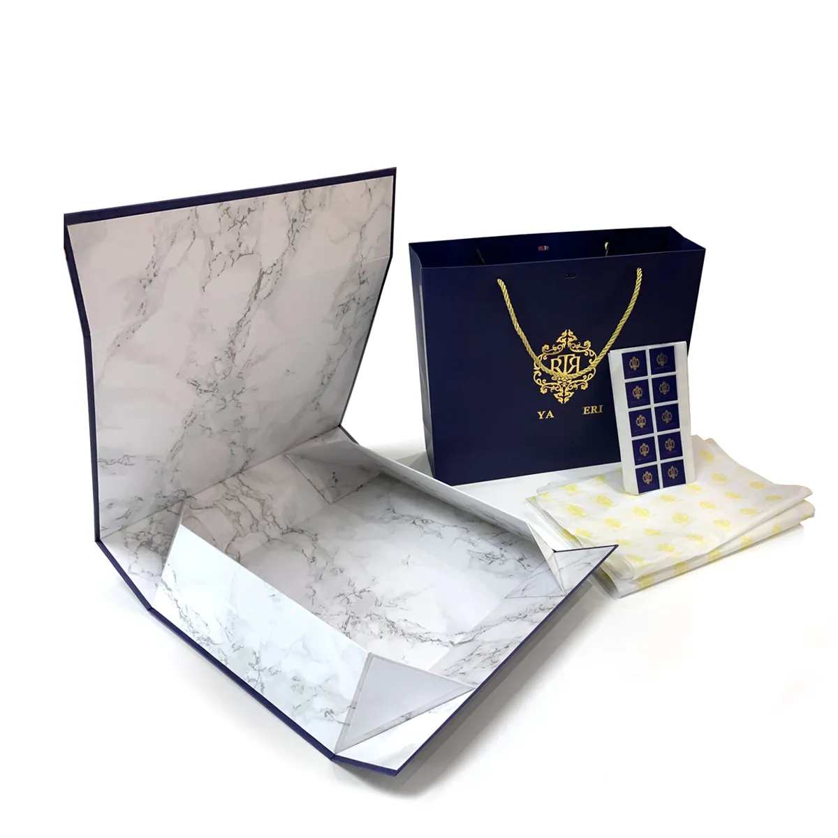 Gold Stamping Logo Full Set of Cloth Packaging Navy Blue Color Folding Cardboard Abaya Box With Bags