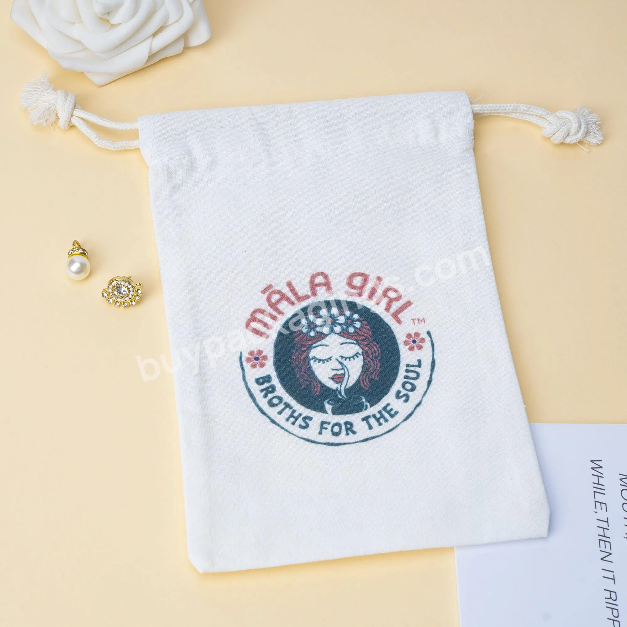 High End Custom Logo Reusable Medium Gift Jewelry Packaging Bags Cotton Canvas Drawstring Pouch