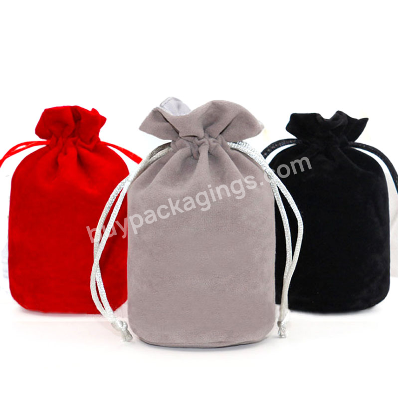 High End Custom Logo Round Bottom Black Red Small Pouch Drawstring Velvet Wine Bottle Bags For Gift With