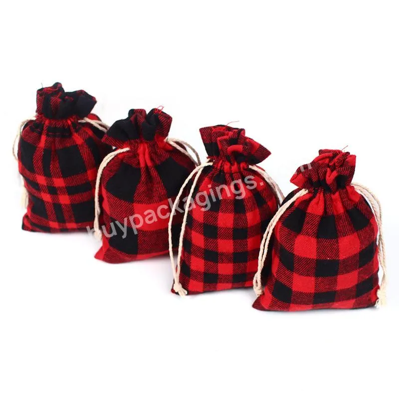 High End Custom Storage Sack Red And Black Plaid Drawstring Bag Washable Cotton Xmas Bag For Christmas Party Favor