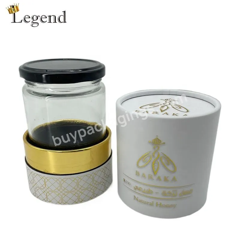 Luxury Gold foil Custom Logo White Rigid Paper Cylinder Tube Box 250ml 350ml 500g Glass Jar Packaging Honey Bottle and Box