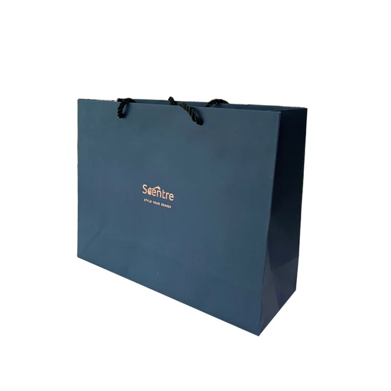Navy Blue Color Horizontal Design Shoes Shopping Bag With Rose Gold Logo Printed Custom Size Brand Clothing Paper Packing Bag