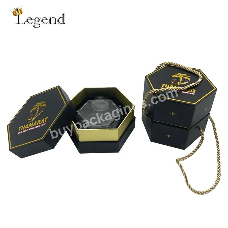 New Design Luxury Hexagon Honey Jar Bottle Cardboard Packaging Gift Black Honey Boxes Custom Gold foil Hexagon Honey Box