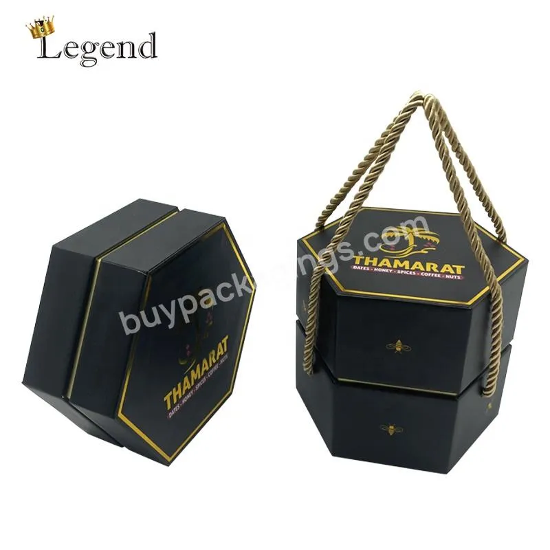 New Design Luxury Hexagon Honey Jar Bottle Cardboard Packaging Gift Black Honey Boxes Custom Gold foil Hexagon Honey Box