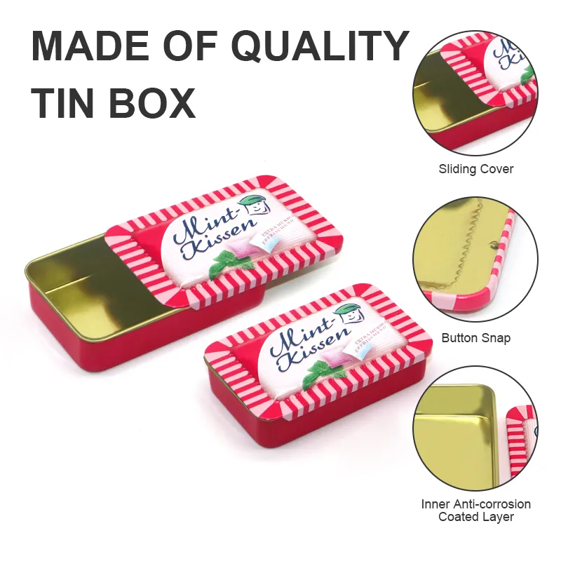 OEM ODM Metal Tin Box With Slide Cover Custom Chewing Gum Packaging Rectangle Small Candy Mint Sliding Tin Can