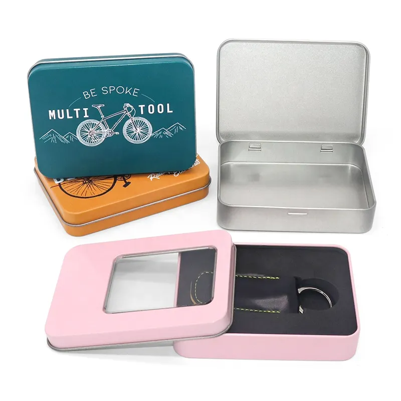 Rectangular Wedding Gift Metal Box Packaging Craft Badge Tin Case Game Card Box Windowed Small Metal Hinge Packaging Tin Box