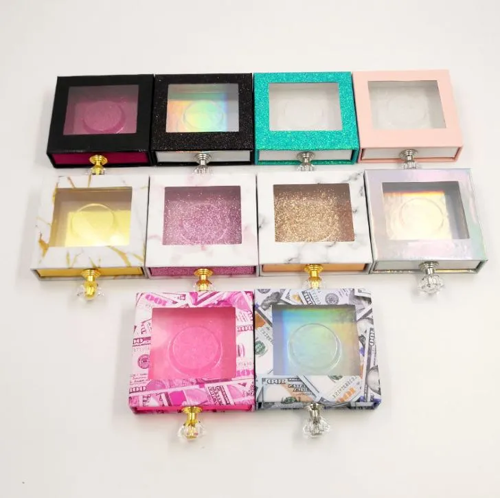 Transparent PVC lash tray rectangle lash box Empty luxury crystal silide drawer eyelash packaging box with glitter card