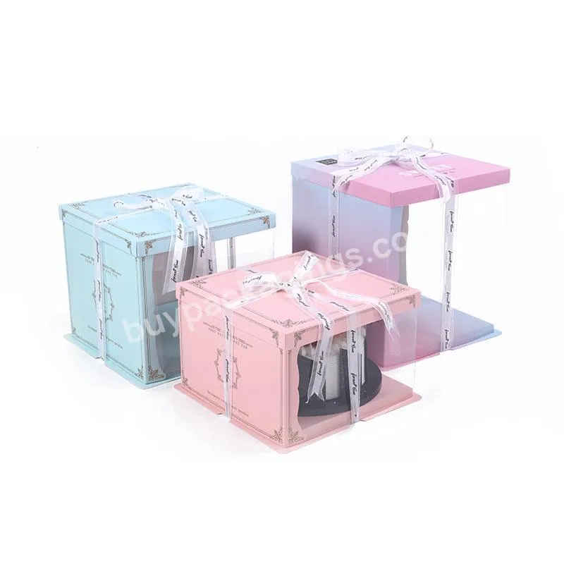 Transparent Square Disposable Translucent Plastic Wedding Birthday Paper Cake Packaging Box Container With Ribbon