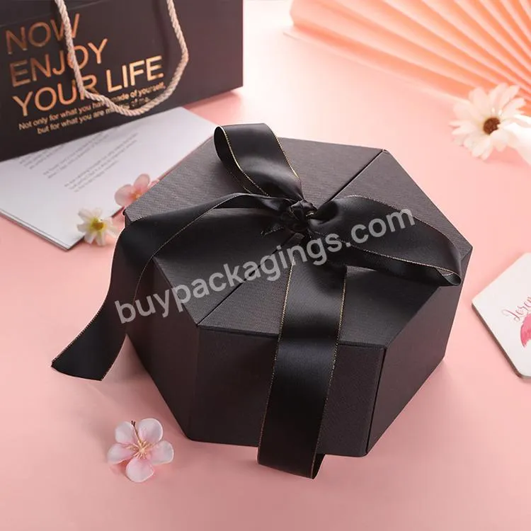Valentine's Day Hexagon Black Surprise Gift Box With Ribbon Brand Shipping Packaging Packing Gift Box