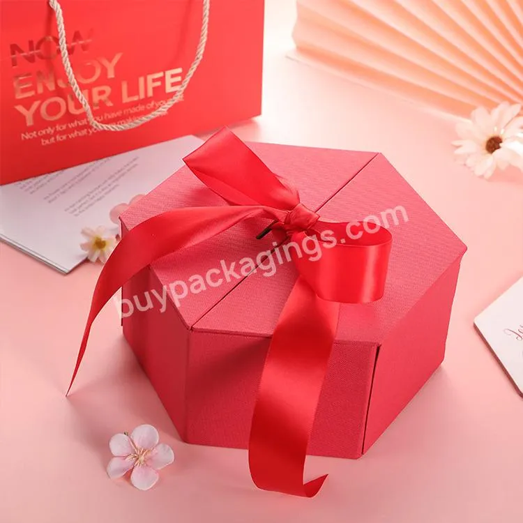 Valentine's Day Hexagon Black Surprise Gift Box With Ribbon Brand Shipping Packaging Packing Gift Box