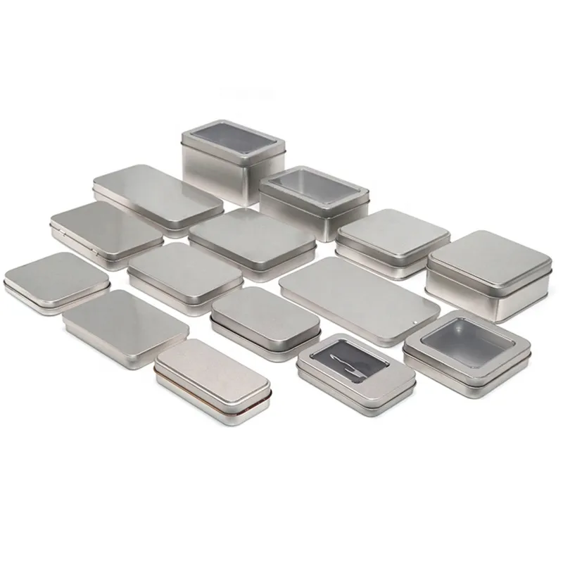 Wholesale Silver Jewelry Tin Empty Food Grade Rectangular Large Thin Metal Hinged Tin Box Plain Small Sliver Hinges Tin Box
