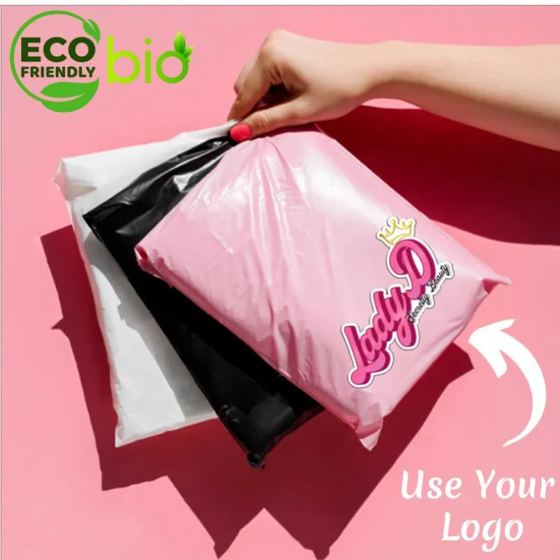 100% Biodegradable and compostable pink Double Sealing Tape Add Label Custom Mailing Shipping Bags Polymailer Bag for Clothing