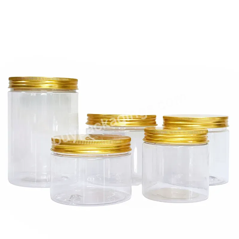 100ml 200ml 300ml 500ml Pet Round Transparent Can 8oz 10oz Cosmetic Container Air Tight Food Grade Plastic Jar With Gold Lids
