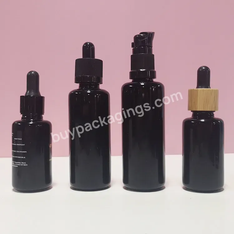 30ml Serum Cosmetic Packaging Black Empty Essential Oil Glass Facial Serum Uv Violet Glass Dropper Bottle With Bamboo Caps - Buy Black Glass Dropper Bottle,60ml Glass Bottle With Dropper,10 Ml Glass Bottle With Dropper.