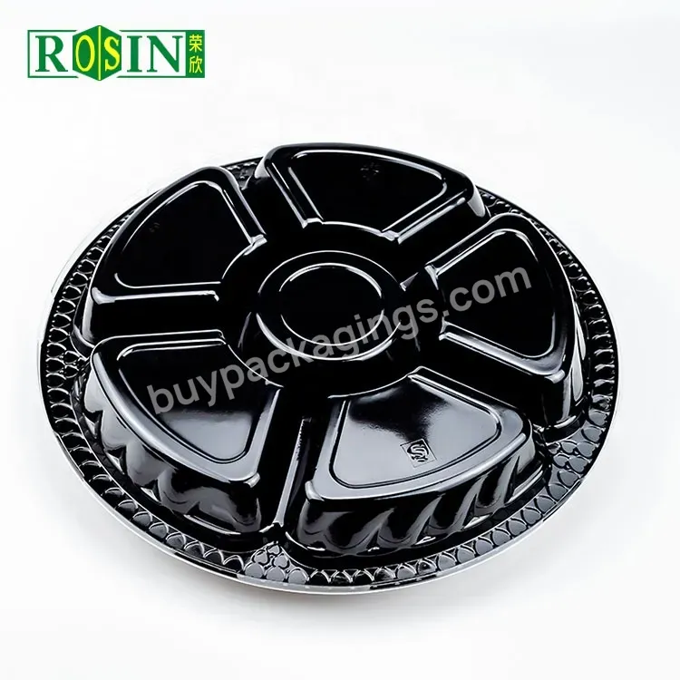5 Compartment Black Round Disposable Plastic Snack Fruit Drying Food Trays With Lid - Buy Dry Fruit Tray,Snack Tray With Lid,Plastic Fruit Drying Trays.