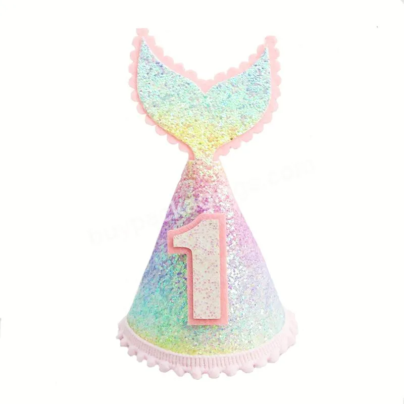 Amazon Hot Sell Rainbow Tonal Mermaid Crown Headband Baby Birthday Hat Gold Glitter For Children Party Decoration