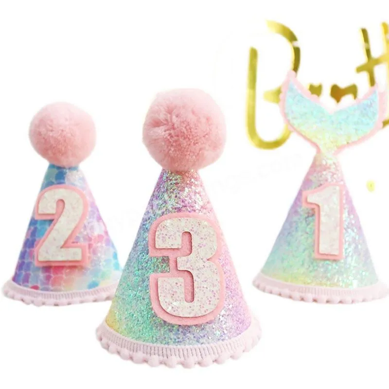 Amazon Hot Sell Rainbow Tonal Mermaid Crown Headband Baby Birthday Hat Gold Glitter For Children Party Decoration