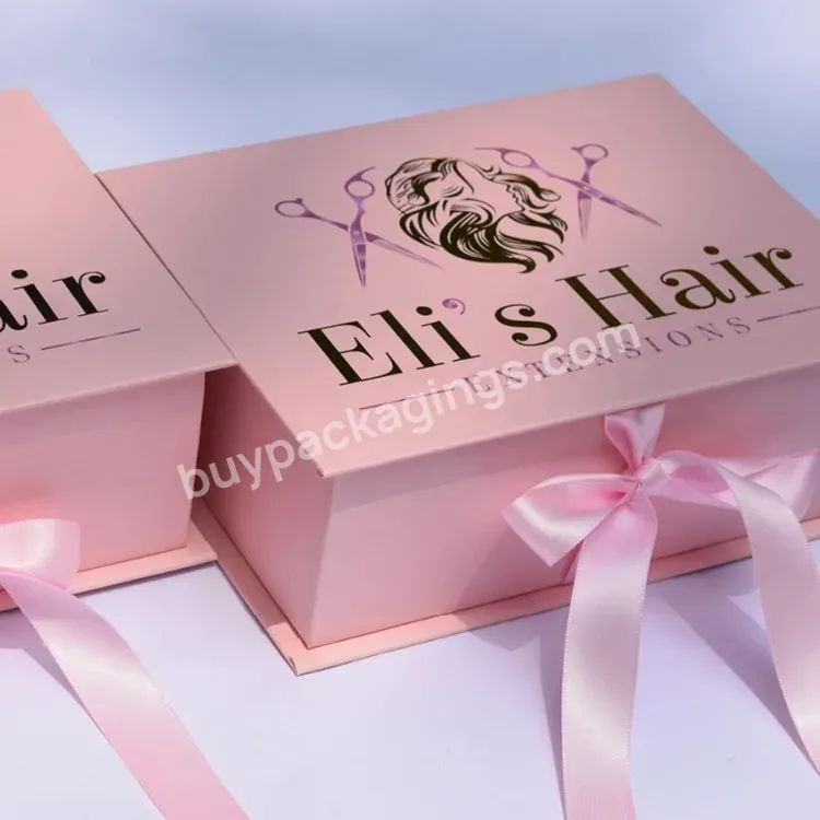Bespoke Hair Wigs Foldable Packaging Box Pink Custom Folding Box With Ribbons Foldable Rigid Boxes For Wigs - Buy Custom Folding Box With Handles,Collapsible Rigid Boxes,Custom Collapsible Rigid Gift Boxes.