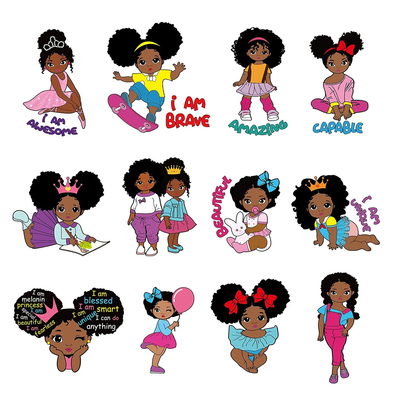 Black Girl Iron on Patches Decals Black Afro Kid Cute Heat Transfer Sticker for T-Shirt Jeans Coat Backpacks Clothing