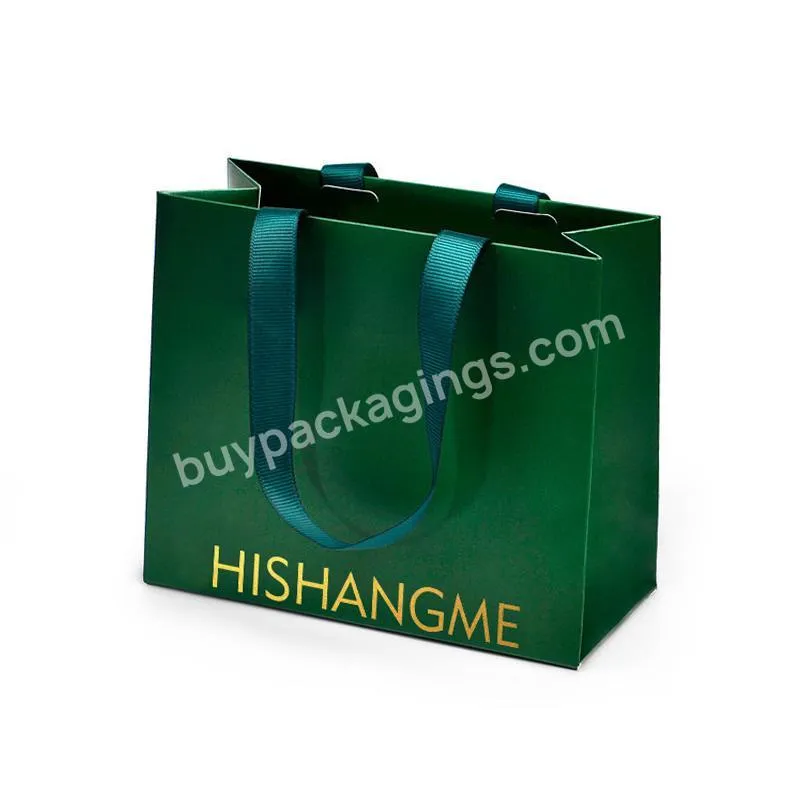 China Custom Gold Stamping Print Logo Ribbon Handles Reusable Small Tote Shopping Jewelry Package Bag Washable Paper Bag
