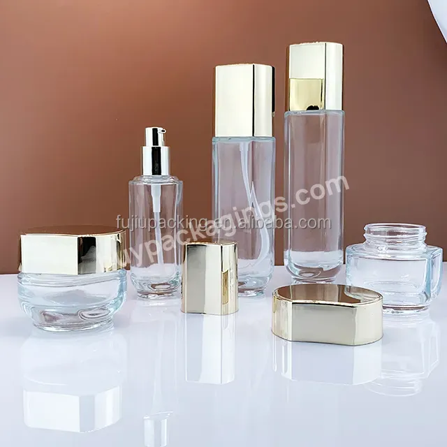 China Factory Cosmetic Cream Serum Emulsion Skin Care Packaging Glass Bottle Set Gold Cap - Buy Cosmetic Bottle Gold Glass,Cosmetic Packaging Set Glass Bottles,Cosmetic Cream Packaging Bottle.