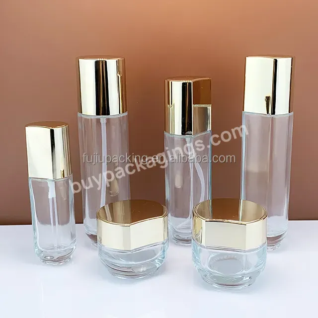China Factory Cosmetic Cream Serum Emulsion Skin Care Packaging Glass Bottle Set Gold Cap - Buy Cosmetic Bottle Gold Glass,Cosmetic Packaging Set Glass Bottles,Cosmetic Cream Packaging Bottle.