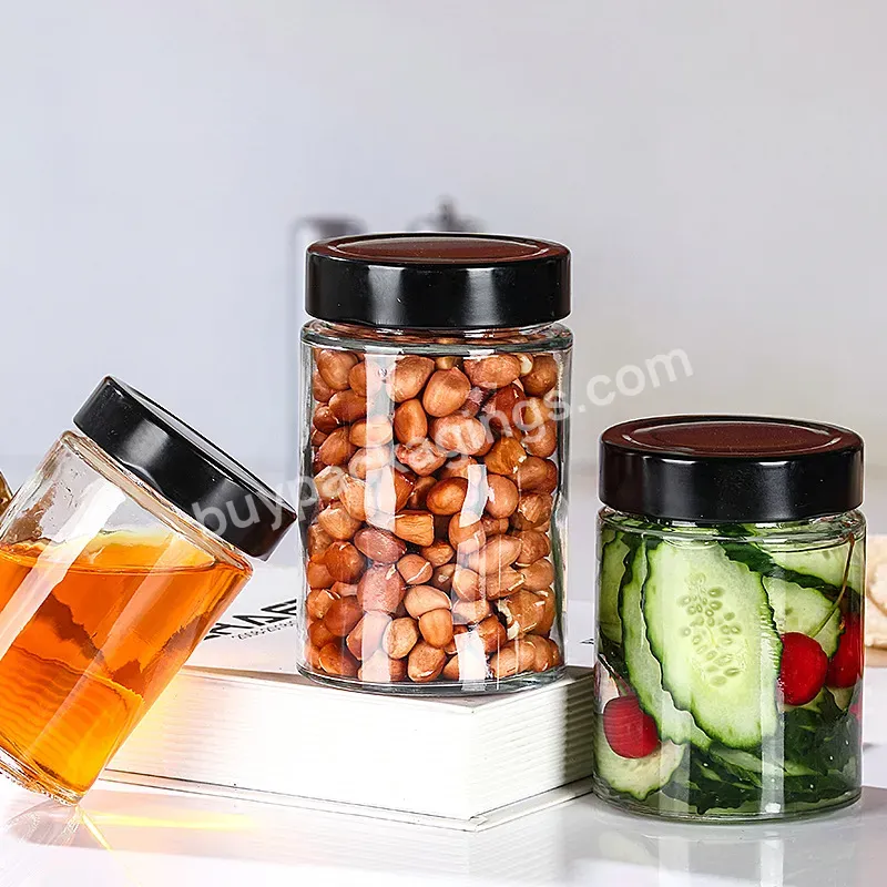 Clear 100ml 150ml 220ml 380ml Honey Spice Pudding Jar Round Glass Food Storage Jar With Black Aluminum Screw Lid - Buy Glass Food Storage Jar,Round Storage Jar,100ml Glass Honey Jar.