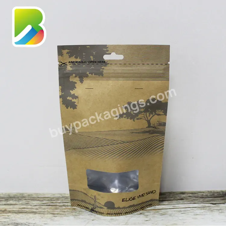 Compostable Paper Bag Waterproof Zipper Packaging Recycled For Foods Window With Zip Lock Kraft Stand Up Pouch