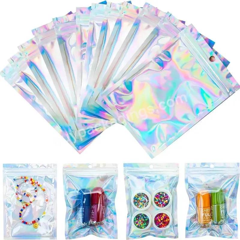 Cosmetic Laser Bag Packaging Holographic Clear Small Cosmetic Laser Iridescent Ziplock Pouch With Tear Notch