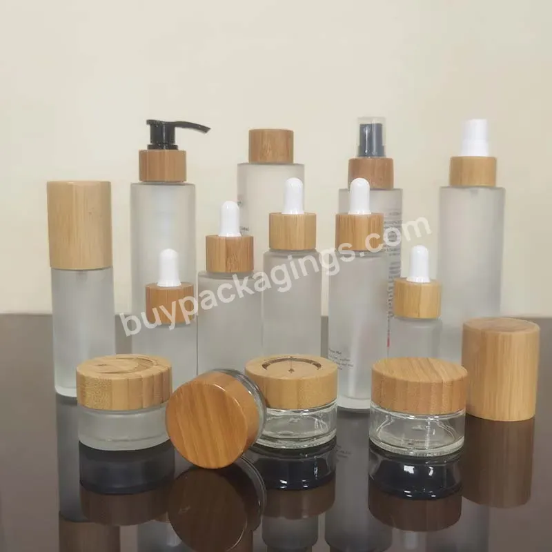Cosmetic Packaging Containers Empty Frosted Lotion Face Cream Glass Jar Bottle Set With Bamboo Pump Dropper Spray Lid - Buy Matte Clear Body Butter Oil Glass Jar With Bamboo Lid Cap,Bamboo Cosmetic Jar Cosmetic Bottle Bamboo Cosmetic Packaging,Bamboo
