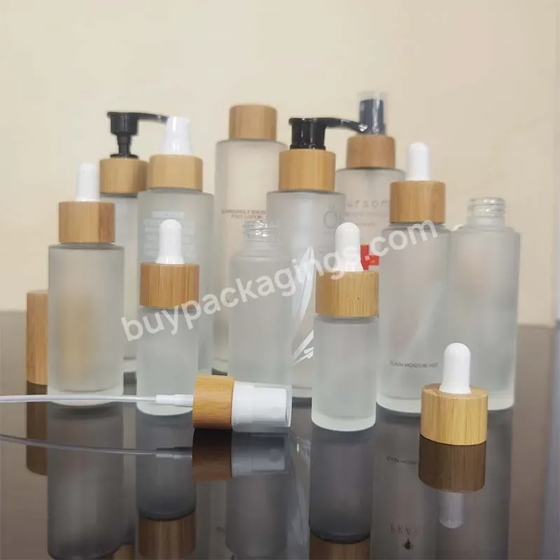 Cosmetic Packaging Containers Empty Frosted Lotion Face Cream Glass Jar Bottle Set With Bamboo Pump Dropper Spray Lid - Buy Matte Clear Body Butter Oil Glass Jar With Bamboo Lid Cap,Bamboo Cosmetic Jar Cosmetic Bottle Bamboo Cosmetic Packaging,Bamboo