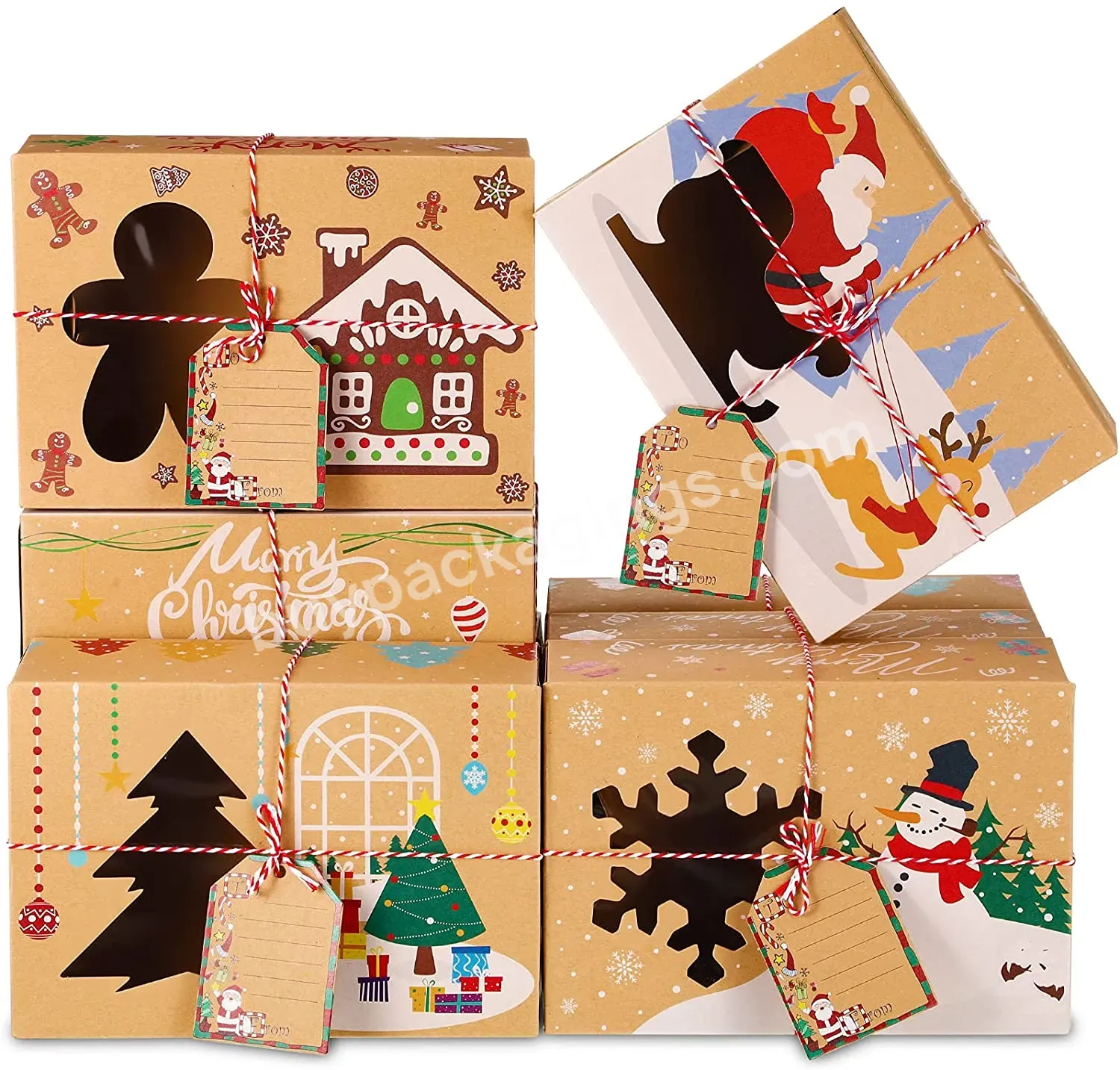 Custom Christmas Cookie Boxes With Window Holiday Treat Box With Tags Brown Kraft Cookie Boxes Treats Container - Buy Christmas Gift Packaging Box,Candy Packaging Christmas Paper Box,Cake Packaging Christmas Kraft Paper Box.