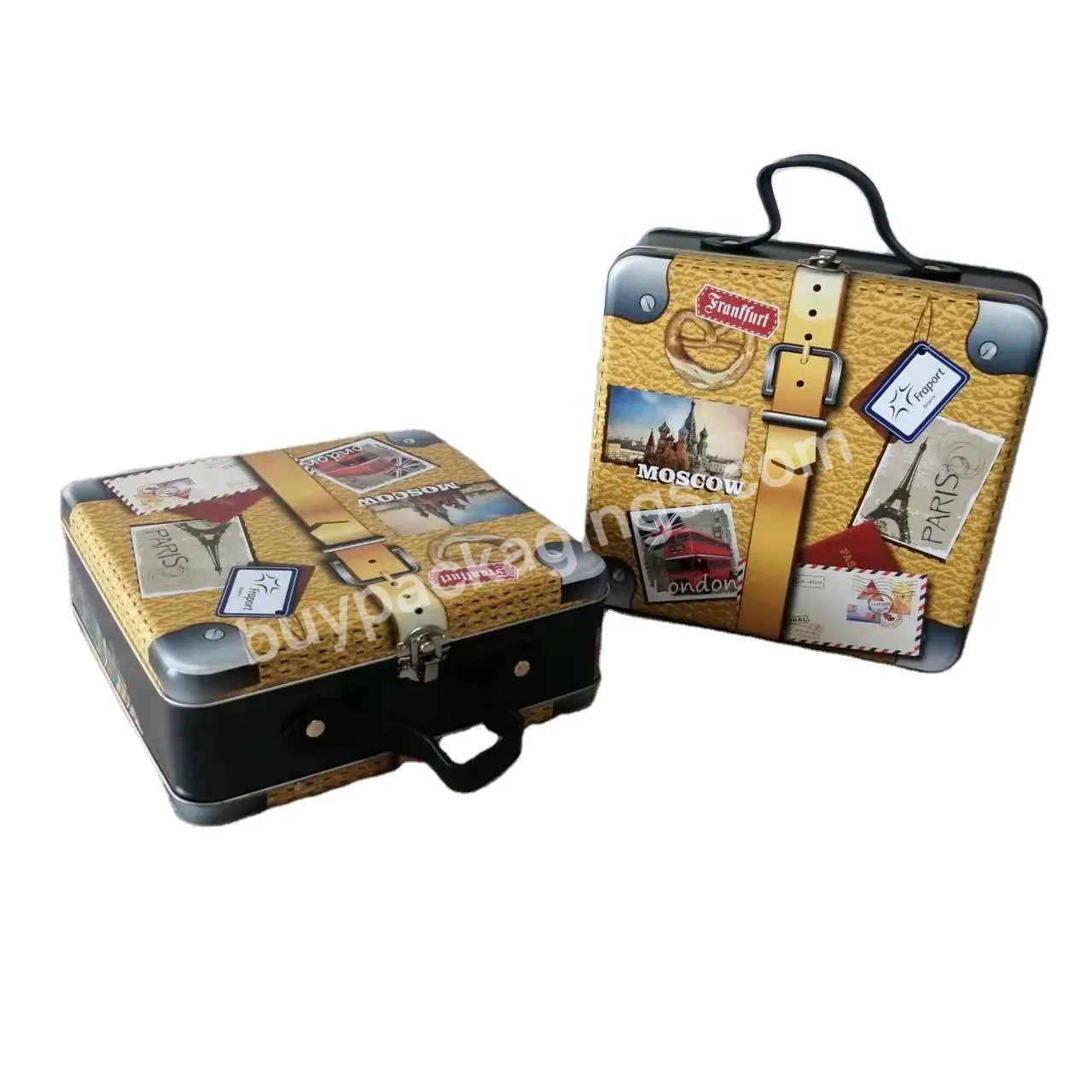 Custom Design Large Suitcase Tin Box With Pu Handle And With Clasp 225x210x80mm - Buy Tin Suitcase Box Decorative,Big Lunch Tin Box With Leather Handle,Suitcase Metal Box With Pu Handle And Locker.
